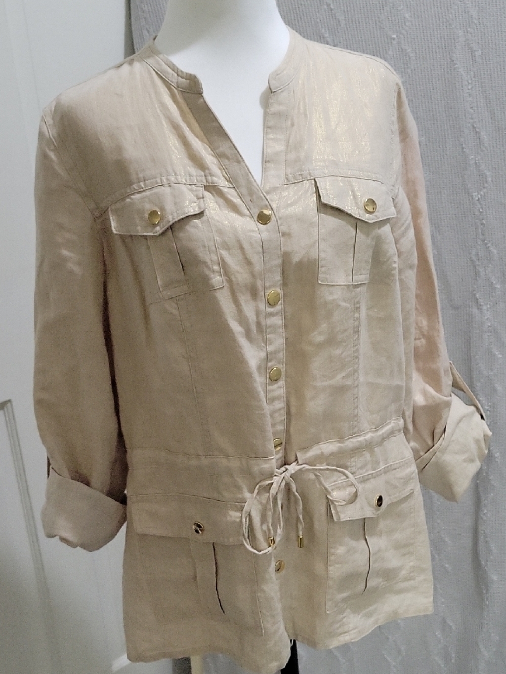 Charter Club Gold Drawstring Safari Linen Jacket with Gold-Tone Snaps, Size L